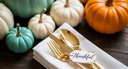 A festive Thanksgiving table setting features a stack of white napkins, gold cutlery, and a "Thankful" place card. Assorted decorative pumpkins in white, teal, and orange are artfully arranged in the background.の素材