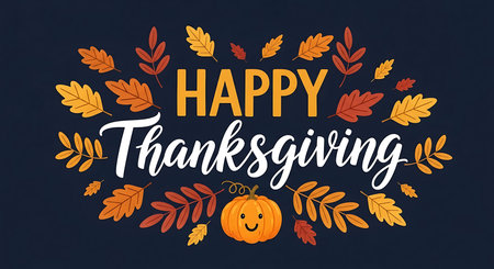 A festive Thanksgiving greeting featuring the words Happy Thanksgiving in a decorative font, surrounded by a wreath of colorful autumn leaves and a smiling pumpkin.の素材