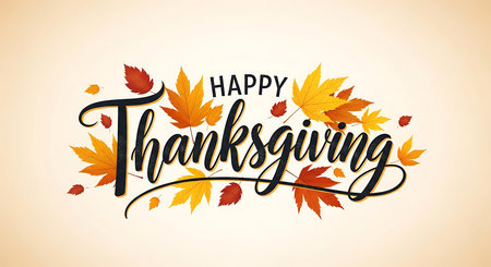 A warm and inviting Thanksgiving greeting featuring elegant calligraphy for 'Happy Thanksgiving' surrounded by vibrant, falling autumn leaves in shades of orange, yellow, and red. The background is a soft, textured beige.の素材