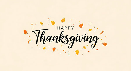 A festive and warm "Happy Thanksgiving" greeting in elegant script font, surrounded by scattered, colorful autumn leaves, evoking a cozy and grateful holiday spirit.の素材