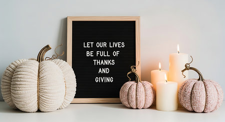A warm and inviting fall scene showcases a black felt letter board with a Thanksgiving quote. Decorative pumpkins and lit candles create a cozy atmosphere, perfect for seasonal home decor.の素材