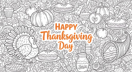 A detailed black and white doodle art illustration for Thanksgiving. It showcases a turkey, pumpkin pie, and an abundance of festive food items, creating a rich and celebratory holiday scene.の素材