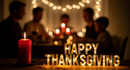 A cozy scene unfolds as a family gathers for Thanksgiving. Candles flicker, string lights twinkle, and a "Happy Thanksgiving" sign sets a warm, celebratory mood.の素材