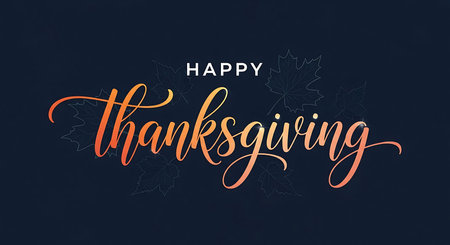 A sophisticated "Happy Thanksgiving" message is displayed in flowing golden calligraphy against a deep navy blue textured background. Small, scattered golden sparkles add a touch of festive magic to the design.の素材