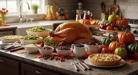 A bountiful Thanksgiving dinner spread is laid out on a kitchen counter. A perfectly roasted turkey takes center stage, accompanied by various side dishes, pies, and festive fall decorations.の素材