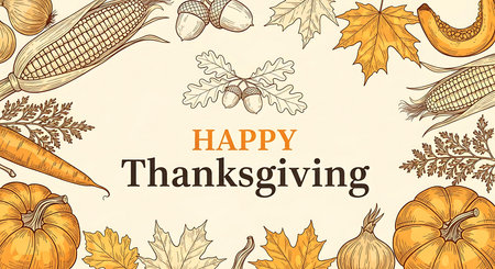 A charming vintage Thanksgiving card features a border of autumnal harvest elements like corn, pumpkins, and leaves, framing the warm greeting 'Happy Thanksgiving'.の素材