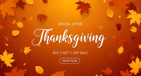 A vibrant Thanksgiving greeting card design featuring scattered autumn leaves against a warm gradient background, with elegant script text announcing the holiday.の素材