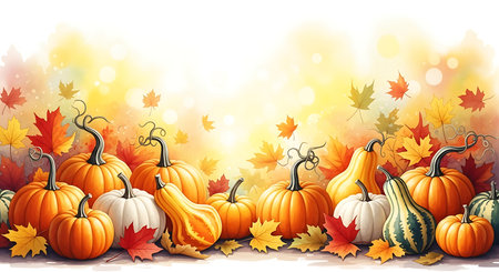 A festive and colorful arrangement of various pumpkins and gourds in shades of orange, white, and green, set against a soft, glowing background of autumnal leaves.の素材