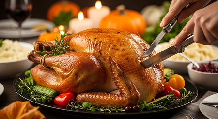 A close-up shot of a golden brown roasted turkey being carved at a Thanksgiving dinner table.  Surrounding the turkey are various side dishes and flickering candles, creating a warm and inviting atmosphere.の素材