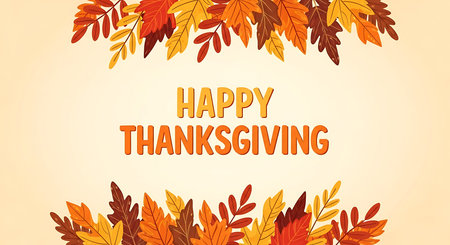 A festive Thanksgiving message is centrally displayed, framed by abundant, colorful autumn leaves in warm hues of orange, red, and brown, creating a cozy seasonal atmosphere.の素材