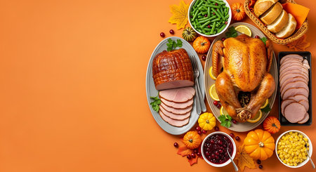A bountiful Thanksgiving dinner spread is artfully arranged, showcasing a perfectly roasted turkey, glazed ham, and a variety of traditional side dishes, all set against a warm orange backdrop.の素材