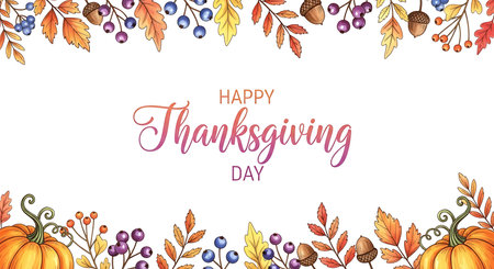 A festive Thanksgiving greeting card featuring a watercolor design with vibrant autumn leaves, plump pumpkins, and colorful berries framing the text 'Happy Thanksgiving Day'.の素材