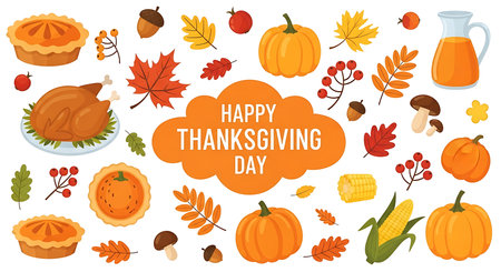 A festive collection of Thanksgiving symbols including pumpkins, a roasted turkey, pies, acorns, and colorful autumn leaves, all surrounding a central 'Happy Thanksgiving Day' message.の素材