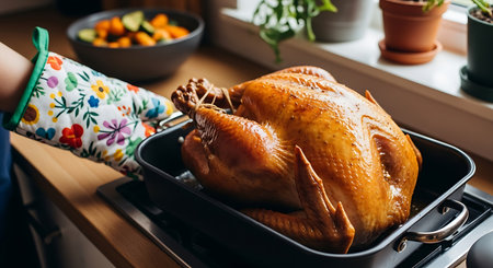 A perfectly golden brown roasted turkey is carefully lifted from a black roasting pan by a hand wearing a floral oven mitt, signifying a delicious holiday meal preparation.の素材