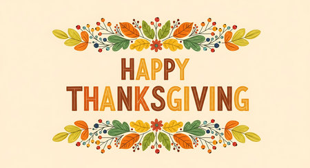 This image features a warm and inviting "Happy Thanksgiving" message, beautifully framed by a symmetrical arrangement of colorful autumn leaves, berries, and floral elements on a soft cream background.の素材