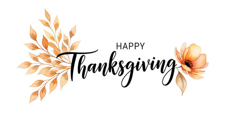 A delicate watercolor illustration features autumnal leaves and a flower framing "Happy Thanksgiving" in elegant script. The design evokes warmth and gratitude for the holiday season.の素材