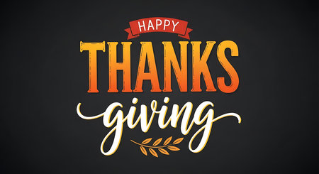 A vibrant "Happy Thanksgiving" message is displayed with bold, textured orange lettering for "Thanks" and elegant white script for "giving." A small banner and a subtle leaf motif enhance the festive autumn theme.の素材