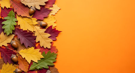 A rich tapestry of fall foliage, featuring oak leaves in hues of red, yellow, and green, interspersed with acorns, creates a textured border against a vivid orange backdrop.の素材