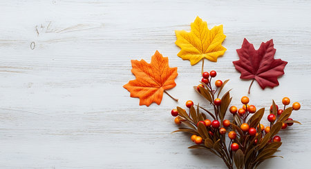 A vibrant display of fall foliage featuring red, orange, and yellow maple leaves alongside a cluster of red berries, artfully arranged on a weathered white wooden surface.の素材