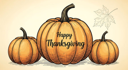 A charming, hand-drawn sketch features three distinct pumpkins, with the largest prominently displaying the words "Happy Thanksgiving." The artwork evokes a warm, autumnal, and celebratory mood.の素材