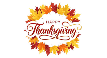 A festive oval design featuring the words Happy Thanksgiving in elegant script, encircled by a colorful wreath of autumn leaves in shades of red, orange, and yellow.の素材