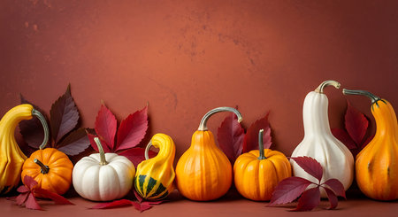 This image showcases a festive harvest arrangement with various shapes and colors of pumpkins and gourds, accented by rich, autumnal foliage, evoking a cozy seasonal atmosphere.の素材