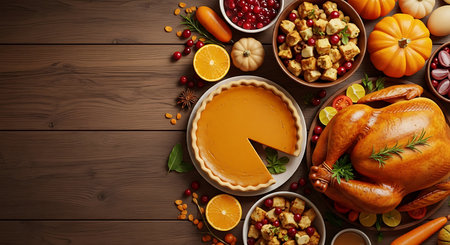 A bountiful Thanksgiving dinner spread is artfully arranged on a rustic wooden surface. The centerpiece is a golden roasted turkey, surrounded by a classic pumpkin pie, stuffing, and various seasonal fruits and vegetables.の素材