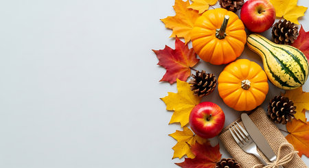 A festive flat lay showcases a bountiful autumn harvest with miniature pumpkins, striped gourds, red apples, pinecones, and richly colored fall leaves, creating a warm seasonal display.の素材