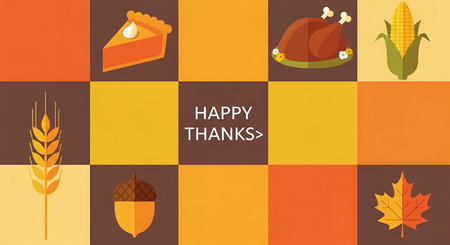 This cheerful Thanksgiving graphic displays iconic holiday elements like pumpkin pie, roasted turkey, corn, wheat, acorns, and colorful fall leaves arranged in a checkerboard pattern with a central "Happy Thanks" greeting.の素材