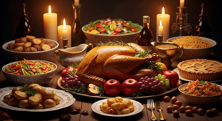 A beautifully set dining table overflows with a traditional Thanksgiving meal. A centerpiece roasted turkey is surrounded by various side dishes, pies, fruits, and lit candles, evoking warmth and abundance.の素材
