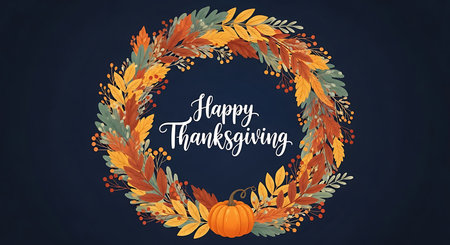 A beautiful oval wreath crafted from colorful fall leaves and foliage. The center features elegant "Happy Thanksgiving" calligraphy and a small pumpkin, set against a deep navy blue backdrop.の素材
