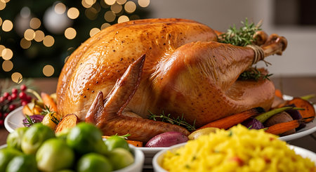 A succulent, golden brown roasted turkey takes center stage on a platter, adorned with fresh herbs and surrounded by colorful vegetables.  The festive atmosphere is enhanced by a blurred background of twinkling Christmas tree lights.の素材