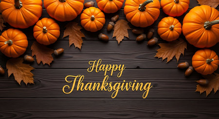 A festive Thanksgiving scene featuring an abundance of bright orange pumpkins and scattered acorns nestled amongst fallen autumn leaves, set against a dark, weathered wooden surface.の素材