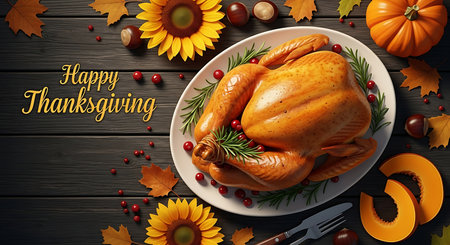 A perfectly roasted golden brown turkey is presented on a white platter, adorned with rosemary. The scene is set on a weathered wooden surface, featuring pumpkins, sunflowers, and fallen leaves, evoking a warm autumnal celebration.の素材