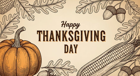 A charming vintage illustration for Thanksgiving Day, showcasing a detailed pumpkin, ear of corn, and oak leaves in a warm, sepia-toned color palette, evoking a sense of tradition.の素材