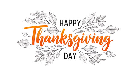 A festive "Happy Thanksgiving Day" message is elegantly presented with stylized floral outlines and shimmering golden text. This design evokes warmth and gratitude for the autumn season.の素材