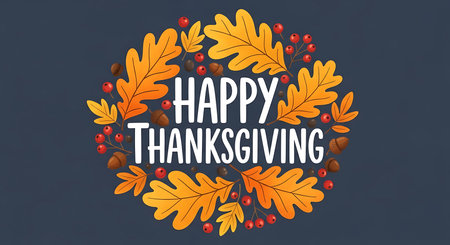 A warm and inviting Thanksgiving message is presented within a circular arrangement of vibrant, golden oak leaves and deep red berries, set against a dark, muted background.の素材