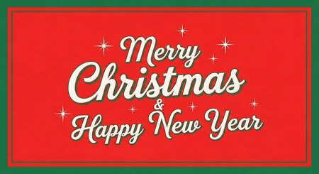A classic holiday greeting featuring elegant white script text that reads "Merry Christmas & Happy New Year" against a bold red background, adorned with subtle sparkling starbursts.の素材