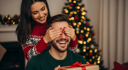 A happy woman playfully covers a man's eyes as he holds a wrapped gift. A decorated Christmas tree glows behind them, creating a warm and festive holiday atmosphere.の素材