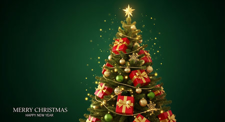 This image showcases a richly decorated Christmas tree, featuring vibrant red gift boxes, golden ornaments, and a luminous star topper. The festive scene is set against a deep, rich green backdrop.の素材