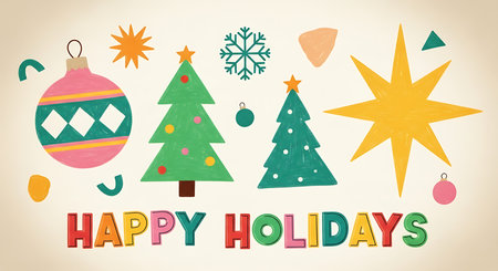 A charming, retro-inspired illustration with a light cream background. It showcases two stylized green Christmas trees, a large pink and teal ornament, a vibrant yellow starburst, and playful "Happy Holidays" lettering.の素材