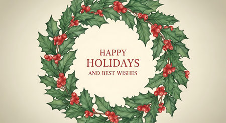 This charming illustration features a circular arrangement of lush holly branches adorned with scarlet berries. The center displays a warm 'Happy Holidays' message, perfect for seasonal decorations and greetings.の素材