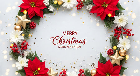 A circular arrangement of traditional Christmas decorations, featuring bold red poinsettia flowers, glittery gold stars, and small white blossoms, all set against a soft, light background.の素材