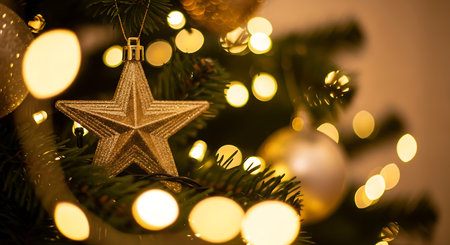 A close-up shot of a golden star ornament adorning a Christmas tree. Blurry, warm bokeh lights create a magical atmosphere, perfect for capturing the spirit of the holiday season.の素材