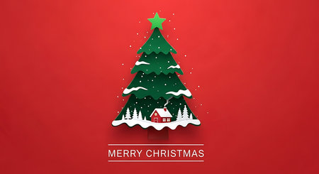 A stylized, layered green Christmas tree adorned with snow and a star sits atop a miniature snowy landscape featuring a small, illuminated cabin. The festive scene is presented against a bold red backdrop with a "Merry Christmas" text overlay.の素材
