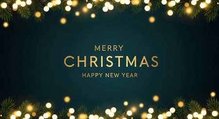 A festive dark background is adorned with shimmering golden bokeh lights, framing the elegant golden text wishing Merry Christmas and Happy New Year.の素材