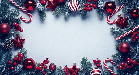 A vibrant Christmas wreath encircles a blank space, featuring glossy red ornaments, striped candy canes, pinecones, and festive berries amidst dark green fir branches.の素材