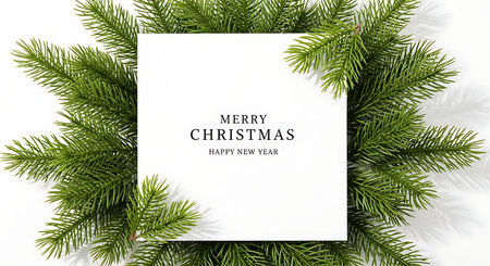 A blank white card with the words Merry Christmas and Happy Holidays printed in black text is nestled within vibrant green fir branches, creating a classic holiday scene.の素材