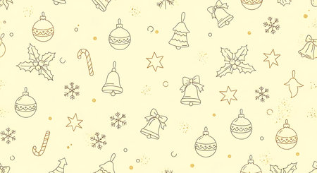A light yellow background features a repeating pattern of hand-drawn Islamic lanterns and star motifs. The delicate line art evokes a sense of tradition and festivity, ideal for cultural or holiday-themed designs.の素材