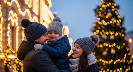 A happy family, including parents and a young child, shares a tender moment outdoors. They are dressed warmly in winter hats and coats, surrounded by the magical glow of illuminated buildings and a large Christmas tree.の素材